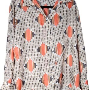 Cool Vintage Geometric Print Button-Down Shirt in Beige & Coral